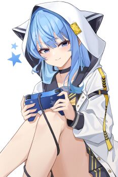 1girl absurdres animal_hood bare_legs black_choker black_sailor_collar black_skirt blue_eyes blue_hair buttons choker collarbone controller game_controller hair_between_eyes highres holding holding_controller holding_game_controller hololive hood hoodie hoshimachi_suisei hoshimachi_suisei_(sailor) knees_up light_blush long_hair long_sleeves looking_at_viewer miniskirt noa_(noa01010) official_alternate_costume open_clothes open_hoodie pleated_skirt puffy_long_sleeves puffy_sleeves sailor_collar sidelocks sitting skirt smile solo star_(symbol) star_print virtual_youtuber white_background white_hoodie