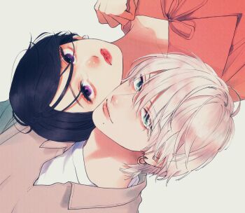 1boy 1girl black_hair brown_shirt collared_shirt commentary_request couple cover cover_page earrings green_eyes hetero highres ichimaru_kohaku jewelry lips manga_cover mika_yamamori official_art parted_bangs parted_lips purple_eyes red_lips red_shirt shirt short_hair simple_background takiguchi_yoi textless_version uruwashi_no_yoi_no_tsuki v-neck white_background white_hair white_shirt