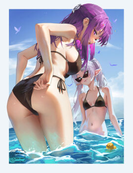 2girls absurdres adjusting_clothes adjusting_swimsuit ass bikini black_bikini blue_sky border breasts cleavage closed_mouth cloud commentary day earrings elf english_commentary fern_(sousou_no_frieren) frieren green_eyes half_updo highres izei1337 jewelry large_breasts long_hair long_pointy_ears multiple_girls navel ocean open_mouth outdoors outside_border parted_bangs partially_submerged pointy_ears purple_eyes purple_hair rubber_duck sideboob sidelocks sky small_breasts smile sousou_no_frieren stomach sunglasses swimsuit twintails wading white_border white_hair
