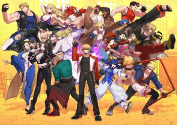 andy_bogard b._jenet bare_shoulders billy_kane black_gloves black_jacket black_jumpsuit black_pants breast_zipper breasts brown_eyes brown_hair capcom choker chun-li cleavage crop_top cropped_jacket earrings fatal_fury fatal_fury:_city_of_the_wolves folded_fan folding_fan futaba_hotaru gloves hair_over_one_eye hand_fan high_ponytail highres hokutomaru holding holding_fan jacket jewelry joe_higashi jumpsuit kain_r_heinlein ken_masters kevin_rian kim_dong_hwan large_breasts leather leather_pants long_hair looking_at_viewer luchador luchador_mask marco_rodrigues mask midriff motoyui navel official_alternate_costume pants partially_unzipped ponytail preecha_(fatal_fury) print_jacket rock_howard ryo_yo_shi second-party_source shiranui_mai short_hair smile snk street_fighter terry_bogard tizoc_(snk) vox_reaper
