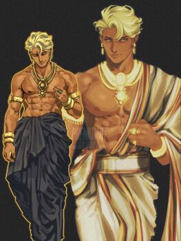 Rule 34 | 1boy, abs, alternate skin color, armlet, blonde hair, dark-skinned male, dark skin, earrings, gold armlet, gold earrings, gold necklace, highres, indian clothes, jewelry, jujutsu kaisen, male focus, muscular, muscular male, nanami kento, necklace, nipples, pectorals, prenkuchan, yellow eyes