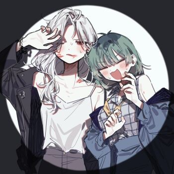 2girls :3 :d after_kiss aohitsugi_samatoki black_skirt blush caught closed_eyes collarbone genderswap genderswap_(mtf) green_hair half-closed_eyes hypnosis_mic lipstick lipstick_mark lipstick_mark_on_face lipstick_mark_on_neck makeup multiple_girls necktie nurude_sasara one_eye_closed open_mouth patzzi plaid_clothes plaid_shirt red_eyes shirt skirt sleeveless sleeveless_shirt smeared_lipstick smile spaghetti_strap spotlight sweat upper_body white_hair white_shirt yellow_necktie yuri