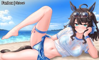1girl :3 absurdres ahoge animal_ears barefoot beach bikini black_hair blue_bikini blue_eyes breasts cameltoe closed_mouth daring_tact_(umamusume) day eyewear_on_head hair_ribbon highres horse_ears horse_girl horse_tail large_breasts long_hair lying nail_polish nekroz7 on_side outdoors ribbon sarong shirt solo sunglasses swimsuit tail thigh_strap toenail_polish toenails umamusume white_shirt
