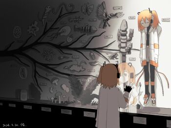 Rule 34 | 2girls, a.i. voice, absurdres, adachi rei, against glass, amoeba, bird, black gloves, black pantyhose, black shirt, branch, bug, butterfly, chinese commentary, clone, commentary request, dated, display, evolution, fern, fish, frog, glass, gloves, grasshopper, grey skirt, hand on glass, highres, hood, hood down, hooded jacket, illegible text, insect, jacket, lizard, looking at another, medium hair, multiple girls, museum, mushroom, non-humanoid robot, one side up, open clothes, open jacket, orange eyes, orange hair, pantyhose, reflection, robot, robot animal, robot bird, robot fish, shadow, shirt, shoes, skirt, sneakers, standing, utau, white jacket, worm, yuu (tangzeyuu)