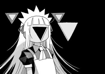 1girl abe_tomomi apron ascot black_background blunt_bangs collared_dress dress hole_in_face hollow_body long_hair maid maid_headdress monochrome original puffy_short_sleeves puffy_sleeves short_sleeves simple_background solo triangle upper_body