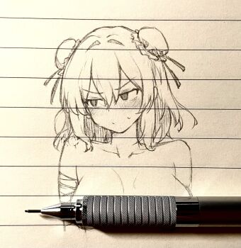 1girl art_tools_in_frame bandaged_arm bandages blush breasts bun_cover censored censored_nipples collarbone completely_nude double_bun graphite_(medium) hair_bun hair_intakes highres ibaraki_kasen large_breasts looking_to_the_side medium_hair monochrome novelty_censor nude pencil photo_(medium) samukaze solo sweatdrop touhou traditional_media