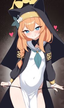 1girl animal_ear_headwear blue_archive blue_eyes blue_neckerchief blush braid breasts fake_animal_ears flower hair_between_eyes hair_flower hair_ornament hairband halo heart heart-shaped_pupils highres io9 long_hair long_sleeves looking_at_viewer mari_(blue_archive) neckerchief nun orange_hair pelvic_curtain small_breasts solo string symbol-shaped_pupils thighs undressing white_flower yellow_halo