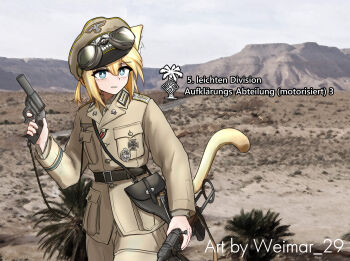 1girl afrika_korps animal_ears badge belt black_belt black_hat blonde_hair blue_eyes breast_pocket brown_hat brown_jacket brown_pants brown_shirt cat_ears cat_girl cat_tail cockade collar_tabs collared_shirt commentary commission cowboy_shot cross cuff_title day desert english_commentary flare_gun german_text goggles goggles_on_headwear gun gun_sling hair_between_eyes hat highres hill holding holding_gun holding_weapon holster insignia iron_cross jacket lanyard lapels long_sleeves looking_to_the_side military military_dress_uniform military_hat military_uniform mp40 multicolored_hat original outdoors palm_tree pants parted_lips peaked_cap photo_background pixiv_commission pocket red_ribbon reichsadler ribbon sam_browne_belt shirt short_hair solo submachine_gun swastika tail tree weapon weimar_29 world_war_ii