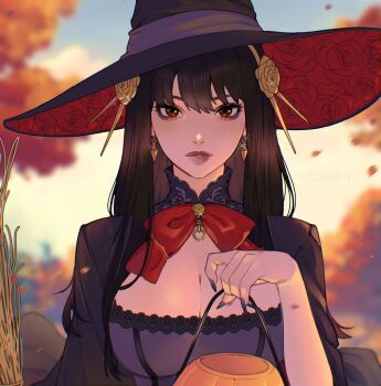 1girl absurdres basket black_hair black_nails blurry blurry_background bow bowtie breasts broom cleavage commentary earrings english_commentary fingernails floral_print glint gold_hairband hair_ornament hairband halloween_costume highres holding holding_basket jewelry large_breasts long_fingernails long_hair looking_at_viewer nail_polish parted_lips red_bow red_bowtie red_eyes red_lips rose_print solo spy_x_family straight-on two-sided_fabric two-sided_headwear upper_body witch yiiande yor_briar