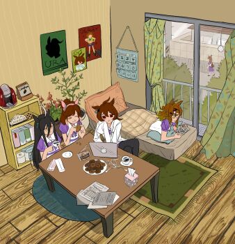 5girls agnes_tachyon_(umamusume) ahoge animal_ears bare_arms bedroom black_hair black_pants blonde_hair blue_bow blue_bowtie blue_sleeves book bookshelf bow bowtie brown_hair chewing chocolate_chip coffee_beans coffee_maker colored_tips curtains dantsu_flame_(umamusume) ear_covers ear_ornament eating expressionless faceless faceless_female full_body futon hair_between_eyes hair_ornament hairband hairclip hand_on_own_cheek hand_on_own_face hexagon high-waist_skirt highres holding holding_book horse_ears horse_girl hyome indoors jam_(umamusume) jungle_pocket_(umamusume) knee_up lab_coat long_hair_between_eyes lying manga_(object) manhattan_cafe_(umamusume) multicolored_hair multiple_girls on_stomach pants paper pillow pink_hairband plate poster_(object) puffy_short_sleeves puffy_sleeves reading sailor_collar school school_uniform shirt short_hair short_sleeves skirt sleeves_past_fingers sleeves_past_wrists streaked_hair tissue tissue_box tracen_school_uniform two-tone_hair umamusume white_sailor_collar white_shirt white_skirt window wooden_floor yellow_eyes