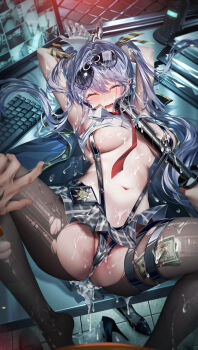 1boy 1girl absurdres aqua_hair armpits arms_up azur_lane baton_(weapon) black_skirt black_slingshot_swimsuit blush bound bound_wrists breasts chain-link_fence closed_eyes clothes_lift commentary_request computer computer_keyboard cuffs cum_on_legwear cup desk disposable_cup essex_(azur_lane) eyewear_on_head fence grey_skirt hair_between_eyes hand_on_another&#039;s_thigh handcuffs high_heels highres junpaku_karen large_breasts long_hair lying microskirt money monitor navel necktie on_back on_desk on_table open_mouth pill plaid_clothes plaid_skirt red_necktie shirt shirt_lift shoes simulated_bukkake sitting skindentation skirt sleeveless sleeveless_shirt slingshot_swimsuit spill stomach suggestive_fluid sunglasses swimsuit swimsuit_under_clothes table tearing_up thick_thighs thighhighs thighs torn_clothes torn_thighhighs tucked_money twintails underboob unworn_shoes very_long_hair walkie-talkie water weapon wet white_shirt