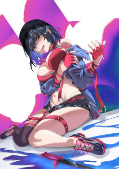 1girl absurdres arm_under_breasts bandeau bare_shoulders belt black_hair black_shoes black_shorts black_thighhighs blue_jacket breasts chaos_zero_nightmare chest_harness choker cleavage commentary_request ear_piercing fingerless_gloves full_body gloves green_eyes hair_between_eyes half_gloves harness highres jacket knife large_breasts long_sleeves looking_at_viewer medium_hair mosta_(lo1777789) multicolored_hair navel off_shoulder open_clothes open_fly open_jacket open_mouth piercing red_bandeau red_choker red_gloves shaded_face shadow shoes short_shorts shorts sidelocks single_thighhigh sitting skindentation solo spaghetti_strap spiked_choker spiked_thigh_strap spikes stomach sweat teeth thighhighs traumatized tressa_(chaos_zero_nightmare) two-tone_hair upper_teeth_only wariza zipper