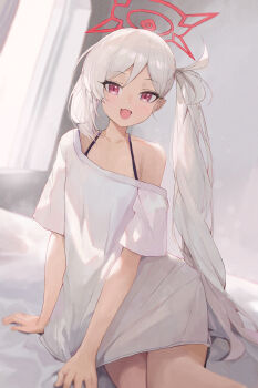 1girl :d absurdres alternate_costume arm_support bare_shoulders blue_archive blurry blurry_background blush collarbone commentary dutch_angle eyelashes fang feet_out_of_frame film_grain grey_hair hair_between_eyes halo halterneck highres indoors jianjia long_hair looking_at_viewer mutsuki_(blue_archive) on_bed open_mouth oversized_clothes oversized_shirt pointy_ears red_eyes red_halo shirt short_sleeves side_ponytail sidelocks single_sidelock sitting skin_fang smile solo t-shirt very_long_hair white_shirt yokozuwari