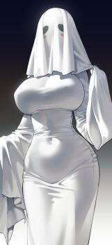 1girl absurdres ayoni_623 breasts commentary covered_navel dress ghost_costume ghost_girl_(niyeye2019) ghost_mask gradient_background halloween_costume highres large_breasts original sheet_ghost sleeves_past_fingers sleeves_past_wrists solo symbol-only_commentary tight_clothes tight_dress wide_hips