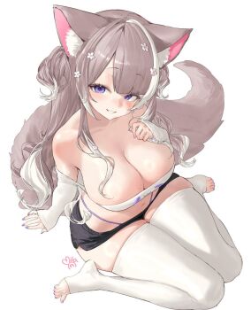 1girl animal_ears bare_shoulders black_shorts breasts brown_hair cat_ears cat_girl cat_tail cleavage commentary crop_top english_commentary grin hand_on_own_chest highleg highres large_breasts long_hair long_sleeves looking_at_viewer micro_shorts midriff mila_(milaart12) mole mole_on_breast multicolored_hair nail_polish navel off-shoulder_shirt off_shoulder panty_straps purple_eyes purple_nails sakurai_hana second-party_source shirt shorts simple_background sitting skindentation smile solo stirrup_legwear stomach streaked_hair tail thick_thighs thighhighs thighs toeless_legwear toenail_polish toenails two_side_up vdonburi virtual_youtuber wariza white_background white_shirt white_thighhighs