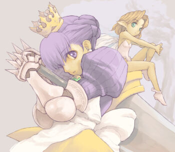 2girls ankle_boots arlia armor armored_dress armpits atlus bare_shoulders boots bow brown_hair cross crown dress earrings fairy fairy_wings fantasy flat_chest frills frown gauntlets gem gold_crown gradriel gradriel_de_valendia green_eyes grey_background hair_between_eyes hair_bun head_tilt holding huge_weapon jewelry leotard long_pointy_ears looking_at_viewer looking_back mini_person minigirl multiple_girls outstretched_arms over_shoulder own_hands_clasped own_hands_together parted_lips pointy_ears pota pota_(nabrinko) princess_crown profile purple_eyes purple_hair short_hair single_hair_bun sitting size_difference spikes sword tree upper_body weapon wings