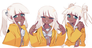 1girl :3 alternate_hairstyle bikini bikini_top_only blunt_bangs blush blush_stickers closed_mouth commentary danganronpa_(series) danganronpa_v3:_killing_harmony dark-skinned_female dark_skin dead12234352356456775 double_bun drawstring english_commentary front-tie_bikini_top front-tie_top hair_bun hair_down hair_ornament jacket jewelry long_hair long_sleeves multiple_views narrowed_eyes necklace open_clothes open_jacket open_mouth own_hands_together ponytail shell shell_hair_ornament shell_necklace simple_background smile smug swimsuit teeth upper_teeth_only white_background white_bikini white_hair yellow_jacket yonaga_angie