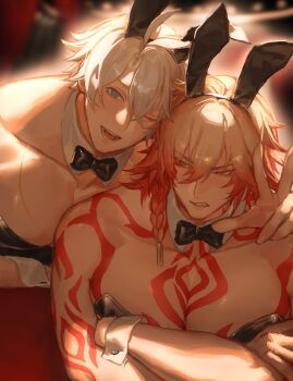 2boys absurdres alternate_costume animal_ears animal_hairband antenna_hair arm_tattoo black_bow black_bowtie black_leotard blonde_hair blue_eyes blush bow bowtie braid chest_tattoo collar commentary_request crossdressing crossdressing_(mtf) crossed_arms detached_collar embarrassed facial_tattoo fake_animal_ears gradient_hair highres honkai:_star_rail honkai_(series) leotard male_focus male_playboy_bunny matuka10101 medium_hair multicolored_hair multiple_boys mydei_(honkai:_star_rail) one_eye_closed open_mouth parted_bangs phainon_(honkai:_star_rail) rabbit_ears red_hair red_tattoo short_hair side_braid strapless strapless_leotard tattoo white_collar white_hair yellow_eyes