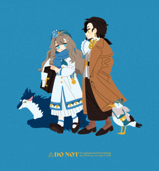 2girls absurdres anchor_hat_ornament animal_nose animalization ascot beret bird black_shoes black_skirt blue_background blue_eyes blue_hat blue_scarf boots brown_boots brown_hair coat creature dress full_body greta_hofmann grey_jacket hands_in_pockets hat hat_ornament highres holding holding_suitcase jacket long_hair long_skirt looking_at_another low_ponytail marcus_(reverse:1999) mary_janes medium_hair mole mole_under_eye multiple_girls person_and_animalization ponytail profile reverse:1999 scarf seagull shirt shoes skirt smile socks suitcase tn_kn1000 trench_coat walking watermark white_ascot white_dress white_shirt white_socks