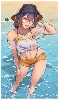 absurdres armlet ball beach beachball belle_(summer_skies)_(zenless_zone_zero) belle_(zenless_zone_zero) bikini blue_hair bucket_hat earrings fluffydus green_eyes hair_ornament hand_on_own_hat hand_on_own_thigh hat highres jewelry legs midriff mismatched_earrings navel ocean one_eye_closed orange_bikini orange_shorts shirt short_hair short_shorts shorts smile starfish swimsuit thighs tied_shirt watermelon_beachball wet zenless_zone_zero