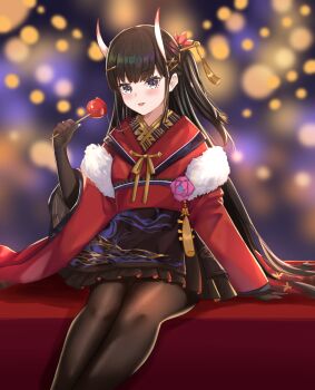 1girl azur_lane black_gloves black_hair black_skirt blurry blurry_background brown_pantyhose candy_apple feather_boa feet_out_of_frame food gloves hair_ornament hairclip hairpin highres holding holding_candy_apple holding_food horns japanese_clothes kimono kuwahara_taiki long_hair long_sleeves looking_at_viewer miniskirt noshiro_(azur_lane) noshiro_(uncharted_festival_grounds?)_(azur_lane) official_alternate_costume pantyhose pleated_skirt purple_eyes red_kimono red_sash saliva saliva_trail sash sitting skin-covered_horns skirt solo very_long_hair wide_sleeves