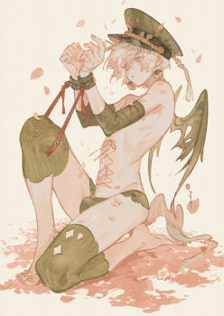 1boy barefoot closed_mouth commentary_request corset_piercing full_body hat highres kneeling male_focus nipples original petals short_hair signature solo tagme thighs tsubonari underwear wings