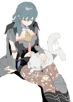 1girl absurdres animalization armor aziemblemfates black_armor blue_hair breasts bustier cat commentary_request deep_skin edelgard_von_hresvelg female_byleth_(fire_emblem) fire_emblem fire_emblem:_three_houses from_above half-closed_eyes highres korean_commentary lace lace_pantyhose large_breasts long_hair looking_down navel nintendo pantyhose pantyhose_under_shorts petting shorts smile stomach tail tail_wagging thighs white_cat