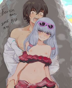 1boy 1girl absurdres agria_(midsummer_girl)_(tales) agria_(tales) artist_name beach bikini bikini_bottom_pull bikini_top_pull blunt_bangs blush breasts brown_eyes brown_hair censored commission freckles frilled_bikini frills hair_rings hetero highres jude_mathis jude_mathis_(swimsuit) long_hair looking_at_viewer mosaic_censoring navel nipples official_alternate_costume outdoors public_indecency purple-framed_eyewear purple_eyes red_bikini sex sex_from_behind shade shimura_(hosshi) short_hair signature sky small_breasts smile smug standing standing_sex stealth_sex steam sunglasses sweat swimsuit tales_of_(series) tales_of_asteria tales_of_the_rays tales_of_xillia teasing vaginal water white_hair wide-eyed