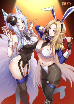 2girls alpha_(kage_no_jitsuryokusha_ni_naritakute!) animal_ear_fluff animal_ears armpits artist_name asymmetrical_docking black_gloves black_leotard black_necktie black_pantyhose blonde_hair blue_eyes blush bra braid breast_press breasts card cleavage closed_mouth cocktail_glass covered_navel cup drinking_glass elf facial_mark fake_animal_ears fishnet_thighhighs fishnets forehead_tattoo fox_girl from_side garter_belt gloves groin half_gloves hat high_heels highres holding holding_card holding_cup kage_no_jitsuryokusha_ni_naritakute! large_breasts large_tail leotard long_hair looking_at_another mibry_(phrysm) mini_hat mini_top_hat multiple_girls nail_polish necktie one_eye_closed open_mouth pantyhose playboy_bunny playing_card pointy_ears rabbit_ears shirt shrug_(clothing) simple_background smile spotlight standing standing_on_one_leg tail tattoo thighhighs top_hat underwear very_long_hair white_bra white_hair white_shirt white_wrist_cuffs wrist_cuffs yukime_(kage_no_jitsuryokusha_ni_naritakute!)
