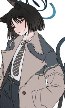 1girl belt black_hair blue_archive coat guwall highres kikyou_(blue_archive) necktie pants short_hair tail trench_coat