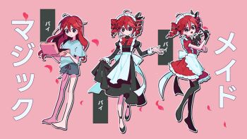 Rule 34 | 1girl, ahoge, apron, barefoot, black dress, black gloves, black shoes, black thighhighs, blue shirt, clothes lift, collared dress, commentary request, dress, dress lift, drill hair, falling petals, gloves, grey eyes, grey shorts, hair between eyes, highres, holding case, juliet sleeves, kasane teto, long dress, long hair, long sleeves, looking at viewer, maid apron, maid headdress, multiple views, open mouth, petals, pink background, puffy sleeves, red dress, red hair, red petals, shirt, shoes, short dress, short sleeves, shorts, sidelocks, smile, solo, t-shirt, thighhighs, twin drills, utau, white apron, white wrist cuffs, wrist cuffs, znal km