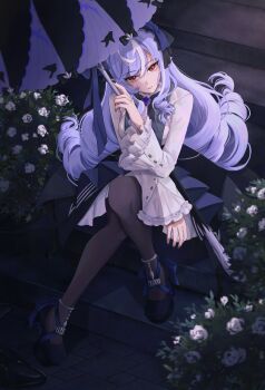 1girl black_nails black_pantyhose black_shoes black_skirt breasts commentary dress english_commentary full_body high_heels highres holding holding_umbrella large_breasts laubun long_hair long_sleeves looking_at_viewer nail_polish overskirt pantyhose parasol parted_lips purple_hair purple_umbrella red_eyes shoes sitting skirt solo umbrella vivian_banshee white_dress zenless_zone_zero