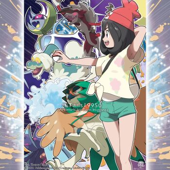 1girl alolan_form alolan_ninetales aqua_eyes arm_behind_head arm_up artist_name bag black_eyes black_hair claws closed_mouth colored_sclera commentary company_name copyright_notice decidueye drampa english_commentary eyelashes fangs floral_print floral_print_shirt from_side gen_7_pokemon green_shorts handbag hat highres instagram_username legendary_pokemon lunala lycanroc lycanroc_(midnight) medium_hair merchandise_available nintendo official_style open_mouth orange_pupils outline pokemon pokemon_(creature) pokemon_sm print_shirt red_hat selene_(pokemon) sharp_teeth shirt short_sleeves shorts skin_fangs smile spikes teeth tom_higgins tongue toxapex upper_teeth_only watermark white_outline yellow_eyes yellow_sclera yellow_shirt