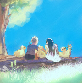 1boy 1girl aged_down bare_arms bird black_hair blonde_hair blue_sky child chocobo cloud_strife commentary_request dress final_fantasy final_fantasy_vii final_fantasy_vii_remake from_behind grass grey_shirt highres in_tree long_hair low_ponytail outdoors ponytail shirt sitting sitting_in_tree sky tifa_lockhart tori_(labyrinth_fft) tree white_dress