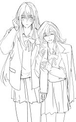 Rule 34 | 2girls, arm hug, bandage on face, bandages, blush, bow, bowtie, closed eyes, closed mouth, coat, coat on shoulders, commentary, contemporary, deerwhisky, ear piercing, greyscale, hand up, highres, jacket, long hair, long sleeves, looking at viewer, monochrome, multiple girls, open clothes, open jacket, parted lips, path to nowhere, piercing, pleated skirt, rahu (path to nowhere), school uniform, shalom (path to nowhere), skirt, smile, sweater