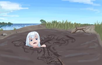 1girl bare_legs bare_shoulders blue_eyes blue_sky bra_strap branch breasts cloud cloudy_sky collarbone despair grass head_tilt highres imwyp53 lake landscape leg_up lying mud on_stomach open_mouth original outdoors outstretched_arm panicking partially_submerged path plant quicksand road sidelocks sinking sky small_breasts struggling stuck sweat tearing_up teeth water white_hair