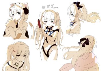 Rule 34 | 1girl, :/, angry, animal costume, animal ears, bare shoulders, bell, black bow, blue bow, blue bowtie, blue ribbon, blush, bow, bowtie, breasts, cat costume, cat ears, clenched teeth, closed mouth, commentary request, cosplay, cowboy shot, fake animal ears, floating hair, frown, hair between eyes, hair bow, hair intakes, hair ornament, half updo, hands up, holding table tennis paddle, hood, hood up, jingle bell, kigurumi, limited palette, long hair, looking ahead, looking at viewer, looking down, multiple views, naked ribbon, navel, neck bell, neck ribbon, official alternate costume, own hands together, puffy short sleeves, puffy sleeves, ribbon, sailor collar, school uniform, serafuku, shirt, short sleeves, simple background, small breasts, summer pockets, summer pockets school uniform, tagame (tagamecat), teeth, translation request, tsumugi wenders, twintails, upper body, v-shaped eyebrows, white background, white sailor collar, white shirt, x hair ornament