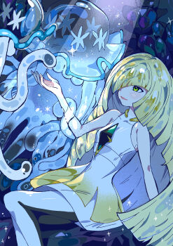 Rule 34 | 1girl, absurdres, bare arms, black leggings, blonde hair, breasts, collarbone, diamond (shape), dress, gem, gen 7 pokemon, green eyes, green gemstone, hair over one eye, hand up, highres, itomakirichan, jellyfish, leggings, long hair, lusamine (pokemon), mature female, nihilego, nintendo, pokemon, pokemon (creature), pokemon sm, short dress, sleeveless, sleeveless dress, small breasts, two-tone leggings, ultra beast, ultra beasts, very long hair, white dress, white leggings