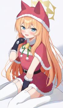 1girl absurdres bell belt belt_buckle between_legs black_belt black_gloves blue_archive blue_eyes blush buckle capelet commentary_request double-parted_bangs dress full_body fur-trimmed_capelet fur-trimmed_dress fur-trimmed_gloves fur-trimmed_headwear fur_trim garter_straps gloves green_ribbon halo hand_between_legs hand_up hat highres long_hair looking_at_viewer mari_(blue_archive) mikeran5648 neck_bell neck_ribbon no_shoes open_mouth orange_hair pom_pom_(clothes) red_capelet red_dress red_hat ribbon santa_costume simple_background sitting smile solo straight_hair thighhighs very_long_hair wariza white_background white_garter_straps white_thighhighs yellow_halo