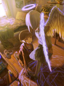 2girls angel angel_wings bed bedroom brown_hair brown_shirt curtains day drink_carton halo headphones highres juice_box kagenoyuhi kneeling lamp long_sleeves multiple_girls open_mouth original painting_(object) plant pleated_skirt potted_plant sailor_collar school_uniform shelf shirt short_hair sidelocks sigil skirt socks standing summoning sweatdrop table white_hair white_shirt window wings wooden_floor