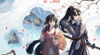Rule 34 | 1boy, 1girl, akari kuma, arm armor, between fingers, black hair, blue eyes, blue robe, branch, cheng heguang, chinese paper-cut, coat, commentary request, facial mark, falling petals, feather boa, finger to mouth, flower, forehead mark, highres, holding, holding paper, holding sword, holding weapon, index finger raised, jian (weapon), long hair, looking at another, looking to the side, master ren (reverse:1999), paper, paper heron, papercutting, petals, pink coat, ponytail, red flower, reverse:1999, robe, sheath, sheathed, shirt, smile, sword, upper body, very long hair, weapon, white background, white shirt