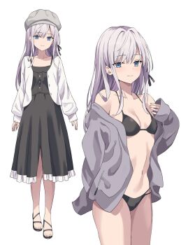 1girl bikini black_bikini black_dress black_sandals blue_eyes breasts closed_mouth commentary_request cowboy_shot dress full_body grey_hair grey_hat grey_jacket hat highres jacket long_sleeves looking_at_viewer medium_dress multiple_views navel newsboy_cap open_clothes open_jacket original rasahan sandals simple_background small_breasts smile swimsuit white_background white_jacket
