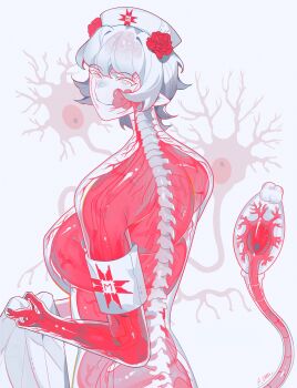 1girl absurdres armband brain commentary crrn english_commentary flesh highres looking_at_viewer medium_hair original pale_skin see-through_body smile solo spinal_cord succubus_(crrn) tail white_eyes white_hair