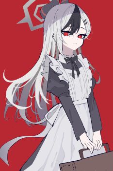 1girl absurdres apron black_bow black_bowtie black_dress black_hair black_horns blue_archive bow bowtie briefcase closed_mouth commentary_request commentary_typo demon_horns dress ear_piercing frown gouyoku_(greeding043) grey_hair hair_down hair_ornament hairclip halo highres holding holding_briefcase horns kayoko_(blue_archive) long_hair long_sleeves looking_at_viewer maid maid_apron multicolored_hair piercing puffy_long_sleeves puffy_sleeves red_background red_eyes shade simple_background solo standing swept_bangs two-tone_hair white_apron