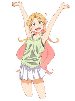 Rule 34 | 1girl, :d, \o/, armpit focus, armpits, arms up, blonde hair, commentary, cowboy shot, cropped legs, eitopondo, green eyes, green shirt, long hair, looking at viewer, notice lines, open mouth, outstretched arms, pleated skirt, ruri no houseki, shirt, simple background, skirt, sleeveless, sleeveless shirt, smile, solo, standing, sweat, tanigawa ruri, very long hair, white background, white skirt