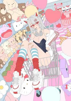 1girl absurdres animal_ears balloon bandaid black_leotard cat_ears dang_geun23283 heart_balloon hello_kitty highres jacket leotard no_pants original red_socks sanrio shoes shopping_cart sneakers socks solo stuffed_toy white_hair white_jacket