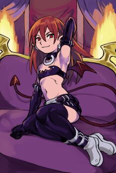 1girl arm_up armpits bandeau bat_wings belt black_bandeau black_belt black_gloves black_skirt black_thighhighs boots choker commentary couch demon_girl demon_tail demon_wings disgaea earrings elbow_gloves english_commentary etna_(disgaea) fire flat_chest full_body gloves hair_down highres holding indoors jewelry long_hair looking_at_viewer makai_senki_disgaea midriff mini_wings multiple_belts navel o-ring o-ring_choker o-ring_collar on_couch pointy_ears red_eyes red_hair red_tail red_wings sitting skirt skull_earrings smile solo tail thighhighs two-tone_skirt white_boots white_skirt wings woogleboy