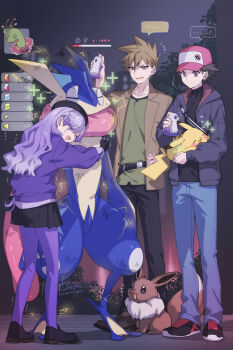 Rule 34 | 1girl, 2boys, 88 (einnimnech), @ @, baseball cap, beret, black hair, black jacket, black pants, black shirt, black skirt, blue pants, brown eyes, brown hair, brown jacket, closed eyes, closed mouth, commentary request, eevee, fanny pack, full restore (pokemon), gen 1 pokemon, gen 2 pokemon, gen 6 pokemon, green shirt, greninja, hat, health bar, highres, holding, holding pokemon, hug, jacket, long tongue, max potion, max revive, meganium, multiple boys, nintendo, open mouth, original, outdoors, pants, pantyhose, pikachu, pokemon, pokemon (creature), pokemon fainted, pokemon legends: z-a, pokemon rgby, potion (pokemon), purple hair, purple pantyhose, purple sweater, red (pokemon), red hat, revive (pokemon), shirt, skirt, smile, speech bubble, spiked hair, super pochaco, sweat, sweater, tongue, tongue out, tongue scarf, webbed feet