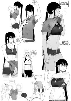 4girls arm_up armpits blush breasts character_request commentary_request cross-body_stretch dog_tags dolphin_shorts drawstring dumbbell ear_tag embarrassed female_commander_(girls'_frontline) girls'_frontline greyscale hairband hands_up highres holding holding_dumbbell holding_unworn_clothes huqu jewelry korean_commentary long_hair medium_breasts monochrome multiple_girls necklace open_mouth ponytail shirt shorts sidelocks simple_background sports_bra sweat sweat_stain t-shirt undressing unworn_shirt very_long_hair washing_machine white_background yuri