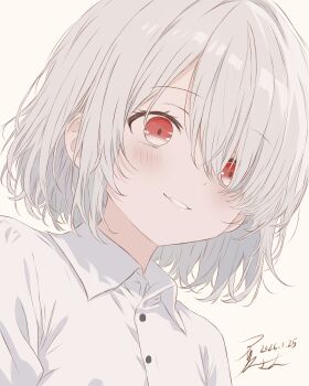1girl absurdres blush buttons collared_shirt commentary_request dated dress_shirt dutch_angle grin highres iris-san lips original portrait red_eyes shirt short_hair signature simple_background smile solo teeth white_background white_hair white_shirt